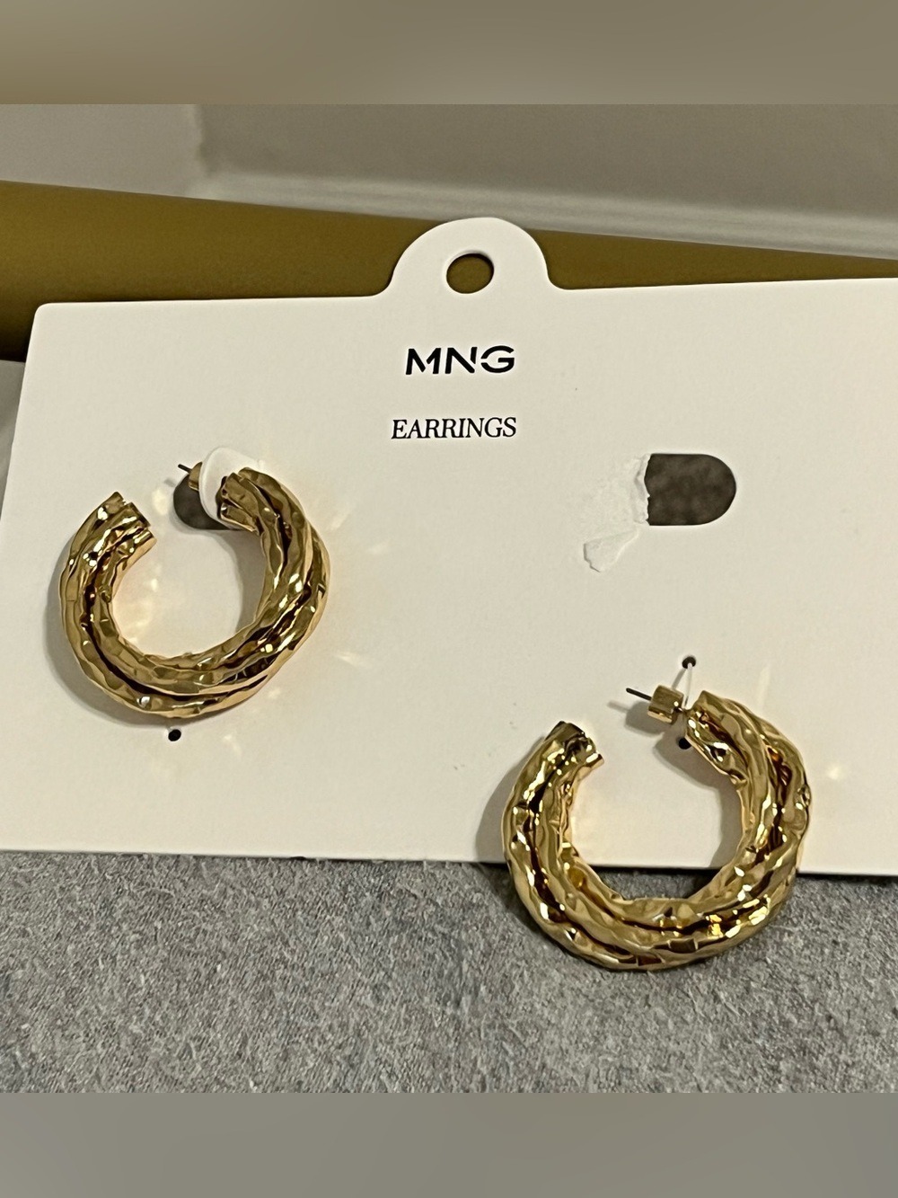 MNG Mango Gold Tone Hammered Chunky Hoop Earrings Statement Textured NEW